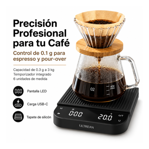 129 Báscula ULTREAN para café — 0.1 g a 3 kg con temporizador