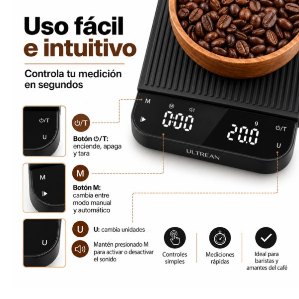 131 Báscula ULTREAN para café — 0.1 g a 3 kg con temporizador